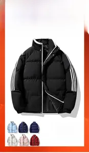 Detail of winter puffer jacket with three stripes on sleeves and windproof stand-up collar