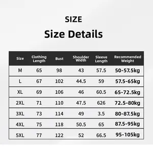 Size chart for fleece jacket with length, chest, shoulder, and sleeve measurements for M-5XL