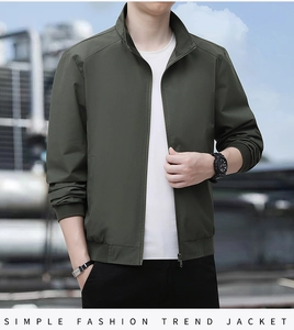 Detail of olive green casual jacket with stand collar and sleek zipper closure for men