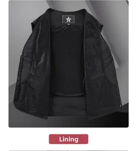 Close-up of breathable mesh lining and interior zipper on black outdoor fishing vest