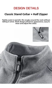 Detail view of high collar fleece jacket with non-slip zipper and soft textured fabric