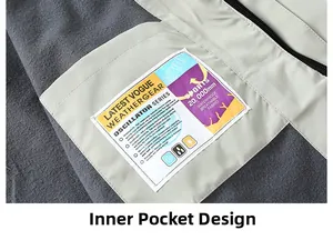 Detail of waterproof jacket inner pocket with technical 20,000mm rating labels