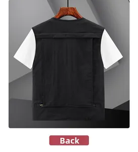 Detail view of the back zipper pocket on a black mesh outdoor fishing vest for men