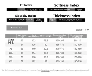 Detailed size chart for men's sun protection jacket with weight and height data