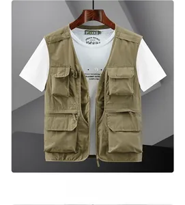 Detail showing khaki multi-pocket outdoor vest with zipper and functional cargo design