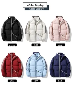 Collage of six winter puffer jackets showing various colors and three-stripe sleeve details