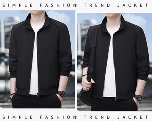 Detail of minimalist black stand collar jacket with zip-up design and ribbed cuffs for men