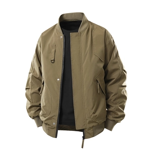 Men's olive green bomber jacket with ribbed collar and zip closure on white background