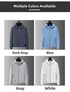 Detailed view of lightweight sun protection hoodies in dark gray, blue, gray and white