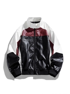 Men PU Leather Jacket Color Block Moto Biker Stand Collar Windproof Fleece Lined Casual Zip Up Outwear For Men Fashion