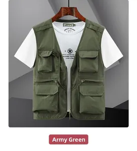 Army green outdoor fishing vest featuring multiple utility pockets and zip details
