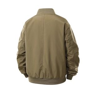 Men's army green bomber jacket back view featuring ribbed collar and polished fabric