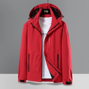 Men's red hooded windbreaker outdoor jacket with waterproof zippers and adjustable cuffs