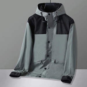 Outdoor men hooded windbreaker jacket with gray black color block design and zip pockets