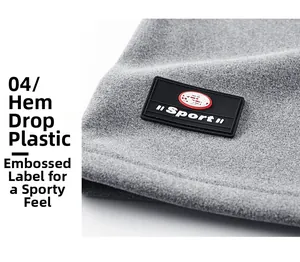 Macro detail of high-quality grey fleece hem with a durable rubber Sport logo patch