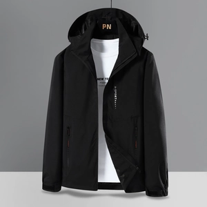 Men's outdoor hooded jacket in black windproof fabric with zipper pockets and velcro cuffs