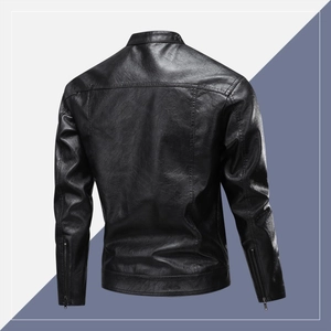 Men's retro black faux leather motorcycle jacket with stand collar and back stitching detail