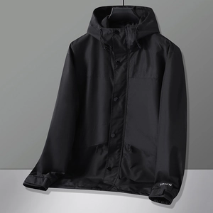 Men's black hooded outdoor windbreaker with FEARLESS print and adjustable velcro cuffs