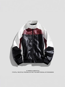 Men's tricolor PU leather biker jacket with color-block design and stand collar