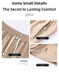 Detail view of khaki cargo shorts with elastic drawstring waist and large side pockets