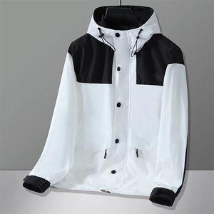 Men's hooded windbreaker in black and white color block design for outdoor hiking
