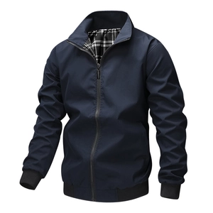 Men's dark blue casual stand-up collar jacket with stylish plaid lining and zip closure