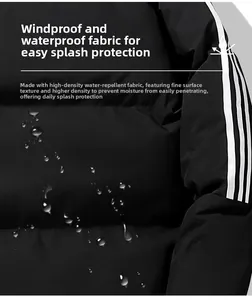 Close-up of water-resistant fabric on black jacket with iconic three white stripes