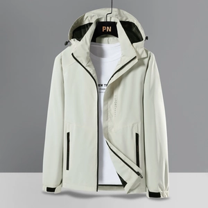 Men's minimalist off-white hooded outdoor hiking jacket with waterproof zipper details