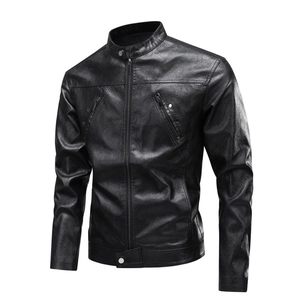 Classic men's black faux leather motorcycle jacket with stand collar and zipper details
