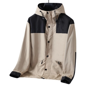 Men's outdoor color-block hooded windbreaker jacket in tan and black for autumn