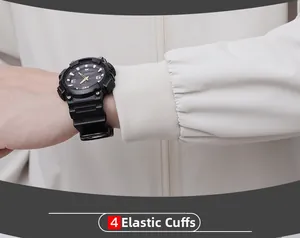 Close-up of elastic ribbed cuffs on a white casual jacket with a sporty digital watch