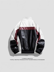 Men's color block PU leather biker jacket with stand collar and ribbed trim back view