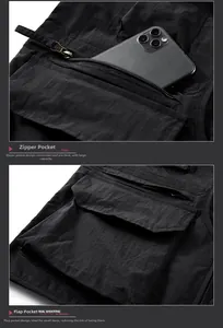 Detail of multi-pocket outdoor vest featuring functional zippers and flap closures