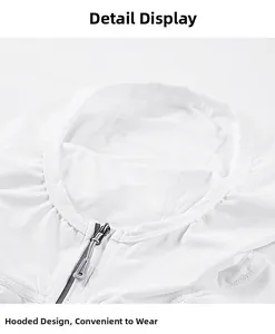 Detail of white hooded sun protection jacket with breathable mesh and zipper closure