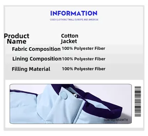 Detail view of 100% polyester padded jacket with light blue and purple color-block collar