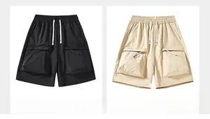 Detail of cargo shorts showing elastic drawstring waist and large flap utility pockets
