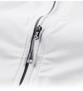 Detail of high-quality zipper and micro-grid texture on white sun protection jacket