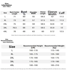 Size guide for men jacket showing measurements from L to 4XL with height and weight tips