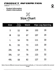 Detailed size chart for men's cargo shorts showing measurements from size S to 4XL