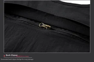 Detail view of the functional back hidden zipper on a black outdoor mesh fishing vest
