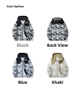 Detail view of water-ink mountain print pattern on outdoor hooded windbreaker jacket