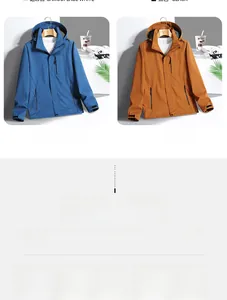 Detail view of waterproof outdoor jackets in blue and caramel with tactical zipper pockets