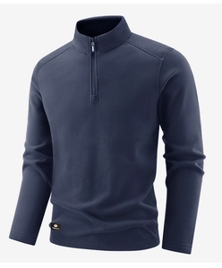 Detail of navy blue fleece sweatshirt showing high-quality texture and S Sports logo