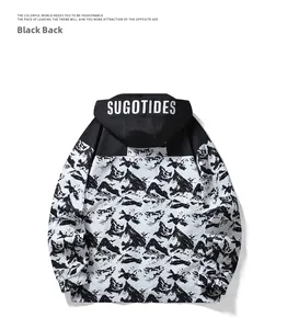 Detail of the hooded jacket back featuring SUGOTIDES print and mountain pattern texture