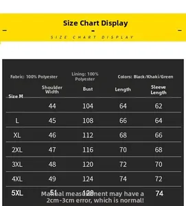 Detailed size chart for men's casual jacket with polyester fabric and multi-color options
