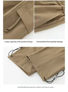 Detailansicht der Khaki-Cargohose mit großen Seitentaschen und verstellbaren Beinabschlüssen