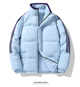 Detail of light blue winter jacket showing purple triple-stripe design on the stand collar