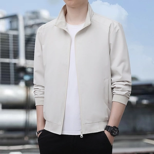 Men's casual off-white lightweight bomber jacket with stand collar and ribbed cuffs