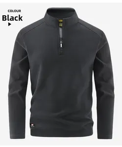 Detailed view of black 1/4 zip fleece pullover with standing collar and logo patch