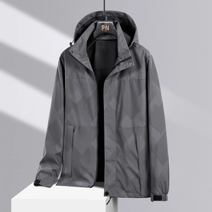 Men's Outdoor Hooded Jacket Windproof Waterproof Geometric Print Zip Up Casual Coat Breathable Lightweight Spring Autumn Jacket Outerwear